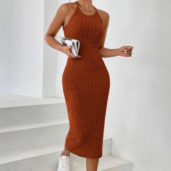 Solid Halter Neck ribbed knit midi Bodycon Dress gray - Picture 1 of 2